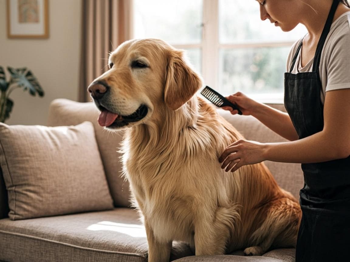 A PetStop groomer gently brushing a dog's coat at home